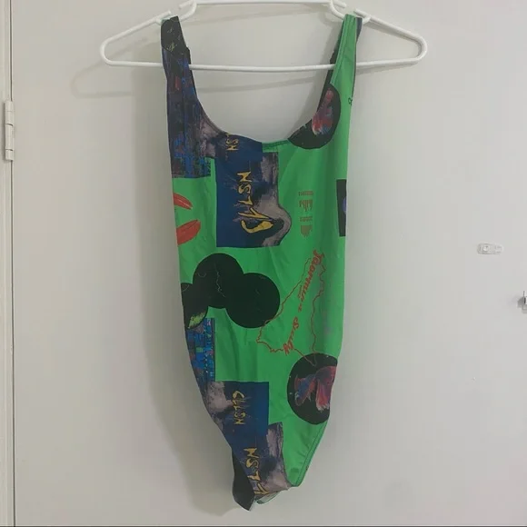 ASOS-COLLUSION Plus size halter neck swimsuit in neon green photographic print. - Picture 3 of 5